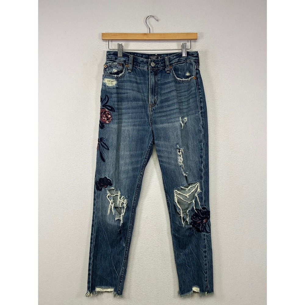 Boho Grunge Abercrombie & Fitch Women 26/2R Blue Embroidered Distressed Jeans